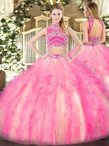Sweet High-neck Sleeveless Sweet 16 Dresses Floor Length Beading and Ruffles Watermelon Red and Rose Pink Tulle