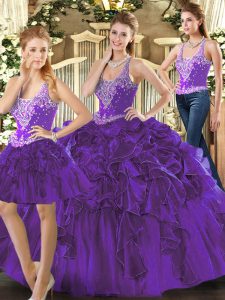 Best Purple Ball Gowns Tulle Straps Sleeveless Beading and Ruffles Floor Length Lace Up Quinceanera Gowns
