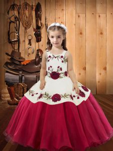 Red Organza Lace Up Little Girls Pageant Gowns Sleeveless Floor Length Embroidery