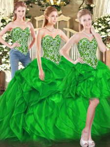 Suitable Green Quinceanera Dress Military Ball and Sweet 16 and Quinceanera with Beading and Ruffles Sweetheart Sleeveless Lace Up