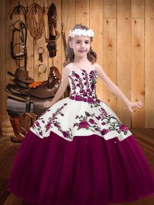 Perfect Fuchsia Lace Up Straps Embroidery Little Girl Pageant Gowns Tulle Sleeveless