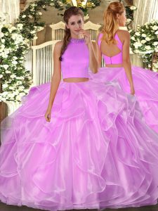Lilac Two Pieces Halter Top Sleeveless Organza Floor Length Backless Beading and Ruffles Quinceanera Gowns