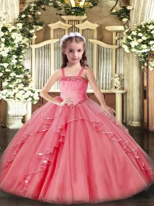 Dramatic Floor Length Lace Up Child Pageant Dress Watermelon Red for Party and Quinceanera with Appliques and Ruffles
