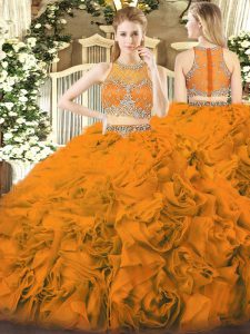 Orange Red Ball Gowns Fabric With Rolling Flowers Scoop Sleeveless Beading Floor Length Zipper Sweet 16 Quinceanera Dress