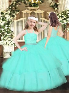 Apple Green Ball Gowns Straps Sleeveless Organza Floor Length Zipper Beading and Lace and Ruffled Layers Little Girls Pageant Dress Wholesale
