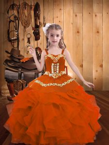 Charming Orange Red Ball Gowns Organza Straps Sleeveless Embroidery and Ruffles Floor Length Lace Up Girls Pageant Dresses