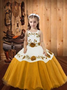Enchanting Sleeveless Floor Length Embroidery Lace Up Pageant Dress Toddler with Gold