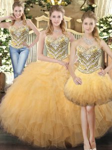 Gold Lace Up Ball Gown Prom Dress Beading and Ruffles Sleeveless Floor Length