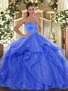 Edgy Blue Tulle Lace Up Quinceanera Dresses Sleeveless Floor Length Beading and Ruffles