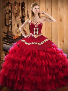 Floor Length Lace Up Quinceanera Dress Wine Red for Military Ball and Sweet 16 and Quinceanera with Embroidery and Ruffled Layers