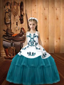 Tulle Straps Sleeveless Lace Up Embroidery Pageant Dresses in Teal
