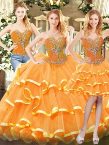 Sexy Orange Red Lace Up 15 Quinceanera Dress Beading and Ruffled Layers Sleeveless Floor Length
