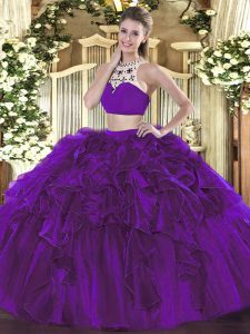 Eggplant Purple Sleeveless Tulle Backless Vestidos de Quinceanera for Military Ball and Sweet 16 and Quinceanera