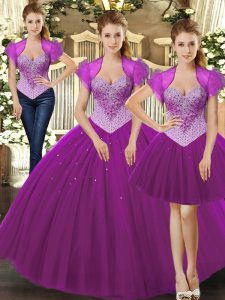 Romantic Fuchsia Sleeveless Tulle Lace Up Quinceanera Dress for Military Ball and Sweet 16 and Quinceanera