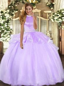 Artistic Tulle Halter Top Sleeveless Backless Beading and Ruffles Quinceanera Dress in Lavender