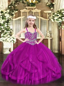 Tulle Sleeveless Floor Length Kids Pageant Dress and Beading and Ruffles