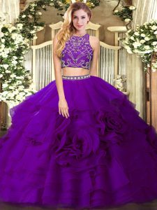 Eggplant Purple Sleeveless Floor Length Beading and Ruffled Layers Zipper Ball Gown Prom Dress