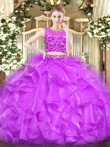 Lilac Quince Ball Gowns Military Ball and Sweet 16 and Quinceanera with Beading and Ruffles Scoop Sleeveless Zipper