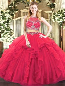 Eye-catching Coral Red Zipper Sweet 16 Quinceanera Dress Beading and Ruffles Sleeveless Floor Length