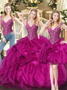 Latest Fuchsia Lace Up Quinceanera Gown Ruffles Sleeveless Floor Length