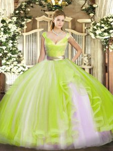 Super Sleeveless Floor Length Beading and Ruffles Zipper Sweet 16 Dresses with Yellow Green