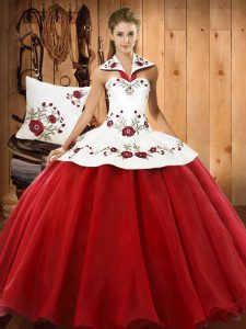 Affordable Satin and Tulle Halter Top Sleeveless Lace Up Embroidery Ball Gown Prom Dress in Wine Red