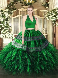 Dark Green Sleeveless Appliques and Ruffles Floor Length Sweet 16 Dresses