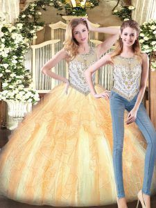 Dramatic Organza Scoop Sleeveless Zipper Beading and Ruffles Quinceanera Dress in Gold