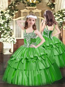 Charming Straps Sleeveless Organza Pageant Dress Toddler Appliques and Ruffled Layers Lace Up
