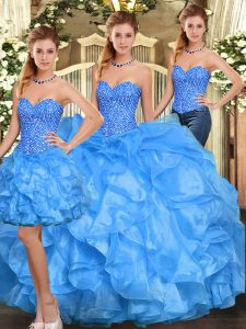 Charming Baby Blue Organza Lace Up Sweet 16 Dress Sleeveless Floor Length Beading and Ruffles