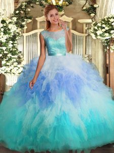 Elegant Sleeveless Tulle Floor Length Backless 15th Birthday Dress in Multi-color with Lace and Ruffles