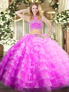 Exceptional Lilac Backless High-neck Beading and Ruffled Layers Quinceanera Dress Tulle Sleeveless