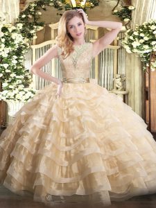 Trendy Champagne Quinceanera Dress Military Ball and Sweet 16 and Quinceanera with Lace and Ruffled Layers Scoop Sleeveless Backless