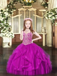 Eye-catching Floor Length Ball Gowns Sleeveless Fuchsia Kids Pageant Dress Lace Up