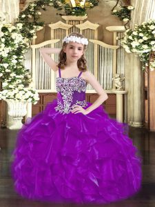 Fashion Purple Lace Up Straps Beading and Ruffles Little Girl Pageant Dress Organza Sleeveless
