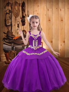Nice Floor Length Eggplant Purple Child Pageant Dress Straps Sleeveless Lace Up