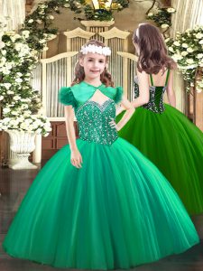 Turquoise Tulle Lace Up Little Girl Pageant Gowns Sleeveless Floor Length Beading