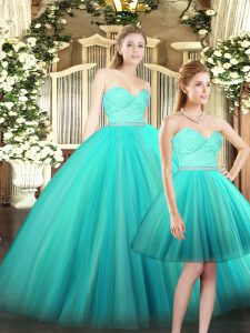 Unique Aqua Blue Sleeveless Floor Length Ruching Lace Up Sweet 16 Dresses