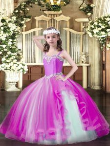 Best Floor Length Lace Up Little Girls Pageant Dress Wholesale Fuchsia for Party and Quinceanera with Beading