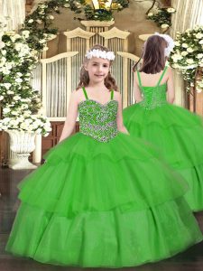 Beauteous Green Lace Up Straps Beading and Ruffled Layers Child Pageant Dress Organza Sleeveless