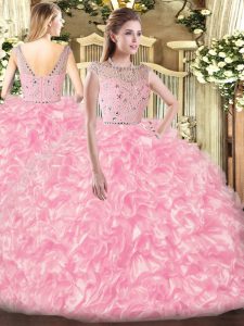 Hot Selling Rose Pink Tulle Zipper Sweet 16 Quinceanera Dress Sleeveless Floor Length Beading and Ruffles