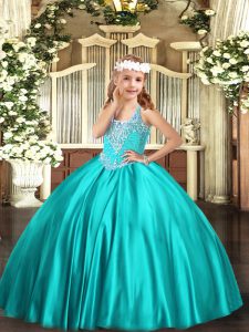 Satin V-neck Sleeveless Lace Up Beading Kids Pageant Dress in Turquoise