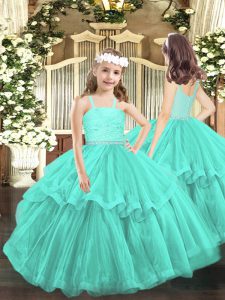 Sleeveless Floor Length Beading and Lace Zipper Little Girls Pageant Dress with Turquoise