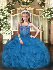 Enchanting Blue Ball Gowns Organza Straps Sleeveless Beading and Ruffles Floor Length Lace Up Little Girls Pageant Gowns
