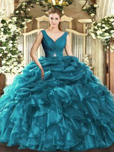 Traditional Floor Length Backless Vestidos de Quinceanera Teal for Sweet 16 and Quinceanera with Beading and Ruffles