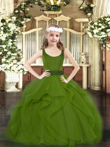 Olive Green Sleeveless Tulle Zipper Little Girl Pageant Gowns for Party and Quinceanera