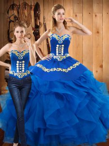 Custom Design Sleeveless Floor Length Embroidery and Ruffles Lace Up 15th Birthday Dress with Blue