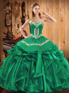Green Lace Up Sweetheart Embroidery and Ruffles Quinceanera Gowns Organza Sleeveless