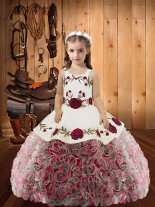 Sleeveless Fabric With Rolling Flowers Floor Length Lace Up Little Girl Pageant Gowns in Multi-color with Embroidery and Ruffles
