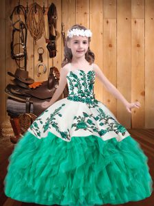 Nice Organza Straps Sleeveless Lace Up Embroidery and Ruffles Winning Pageant Gowns in Turquoise